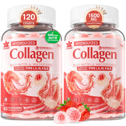 Collagen Peptide Gummies for Women & Men Sugar-Free, Multi Collagen Hydrolyzed w/ 1500mg Protein Type I,II,III,V,X, 5000mcg Biotin, Methylated B12, Vitamin C A E D3 B6 for Skin Hair Nails, Bone, 60Cts