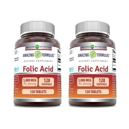 Amazing Formulas Folic Acid 5000 Mcg per Serving | Tablets Supplement | Non-GMO | Gluten-Free | Made in USA (1 Pack | 120 Count)