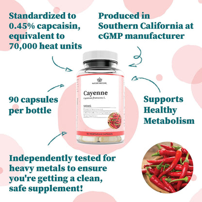 Nature Restore Premium Cayenne Pepper Extract Supplement. Standardized to 0.45% Capsaicin - 70,000 Scoville Heat Units for Natural Metabolism Support, Thermogenic Heat & Circulation, 90 Vegan Capsules