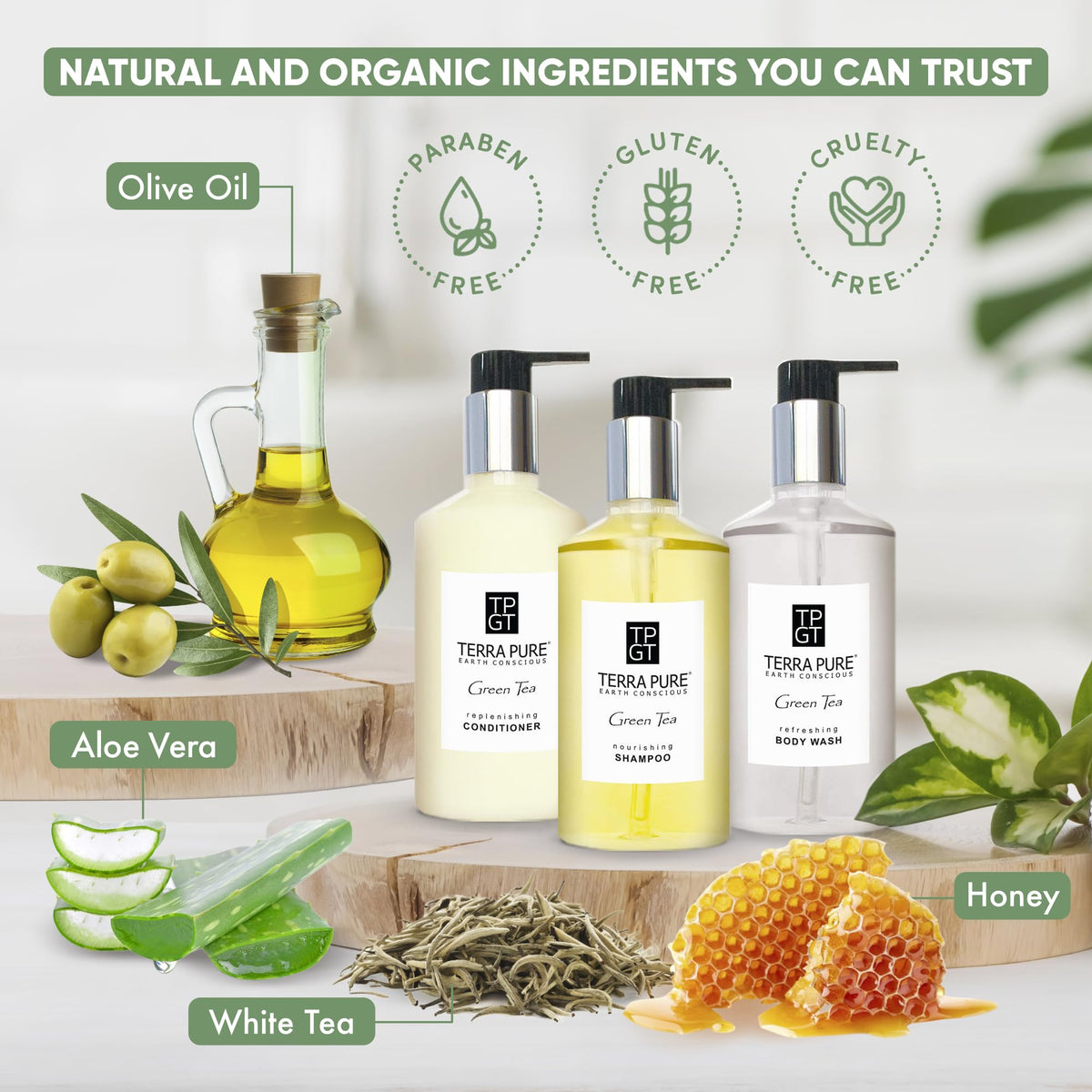 Terra Pure 1-Shoppe 30 Piece Ecobox All-In-Kit | Green Tea Soap | 12 Shampoo, 6 Conditioner