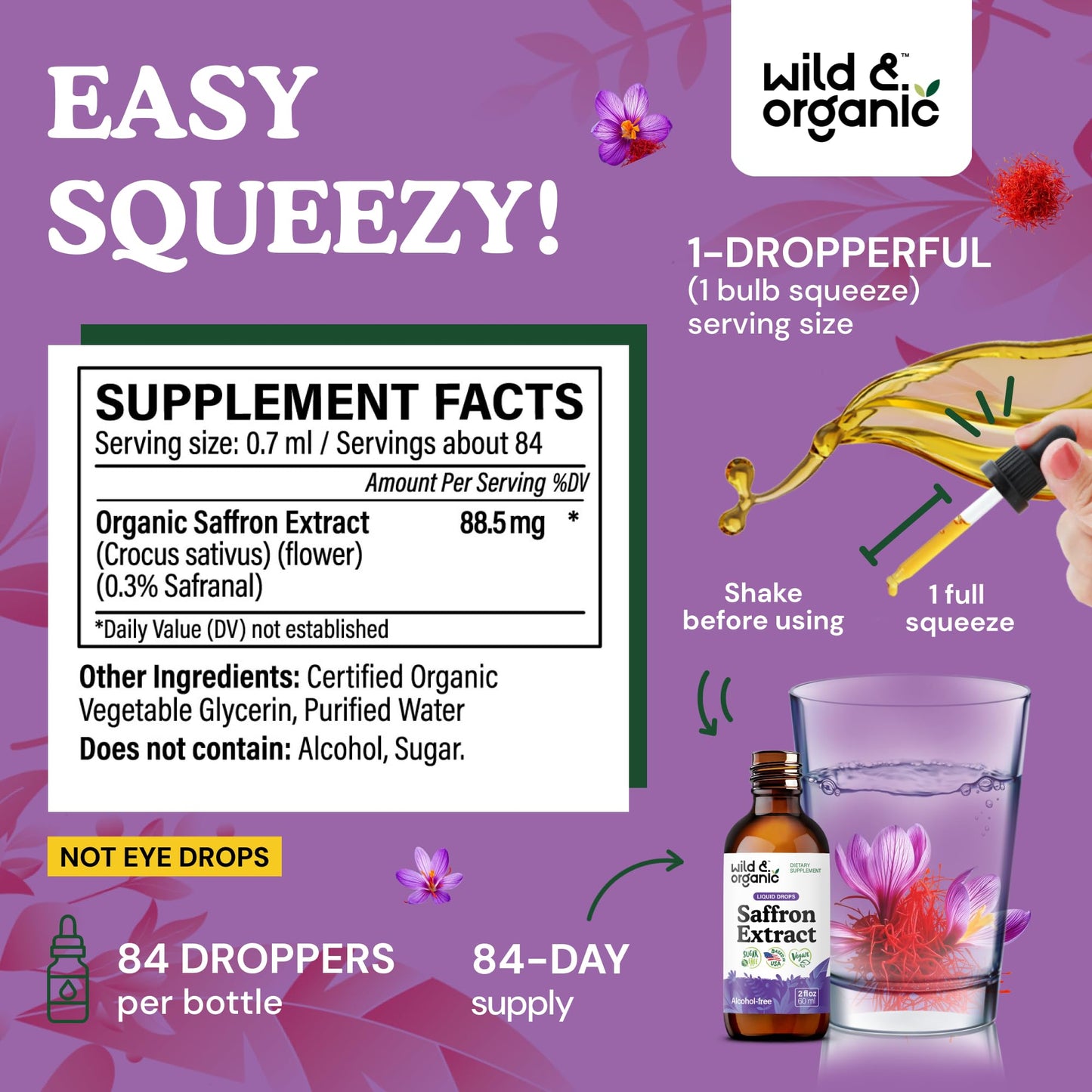 Wild & Organic Saffron Supplements 88.5 mg - Mood, Focus & Eye Support - Saffron Extract Liquid Drops - Add to Tea - 5-Month Supply - Crocus Sativus Herb - Vegan, Sugar & Alcohol-Free Tincture - 4 oz