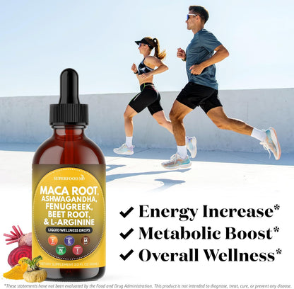 Superfood MD Maca Root Liquid Drops with Ashwagandha, Nettle, Fenugreek, Beet Root and L-Arginine Liquid Multivitamin for Women and Men - 8 Oz