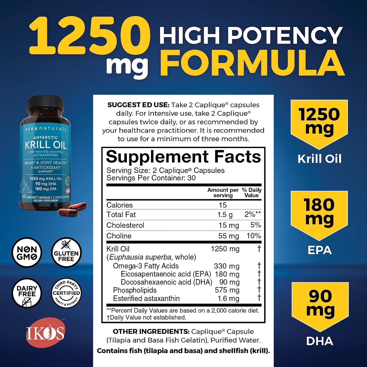 Viva Naturals 1250 mg Antarctic Krill Oil and 2,500 mg Triple-Strength Omega-3 Fish Oil Bundle, Providing Omega-3 EPA and DHA