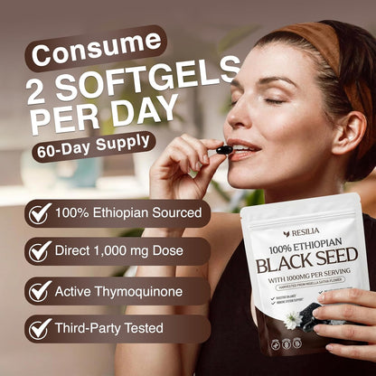 Resilia Ethiopian Black Seed Softgels 1000mg Per Serving – Premium Nigella Sativa Seed Oil Supplement – Digestive & Immune Support Formula – Easy to Swallow Soft Capsules 120 Count (Pack 2)