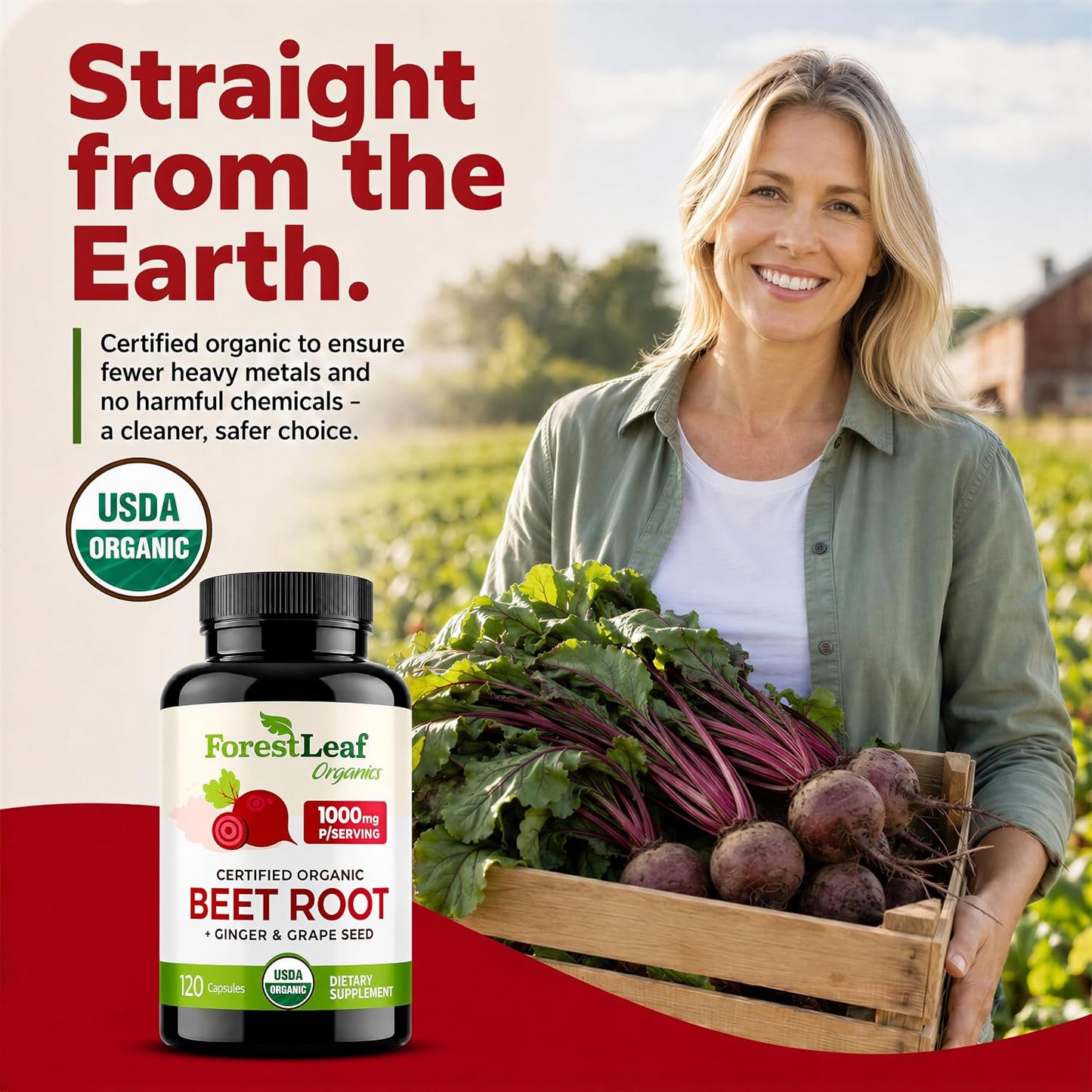 ForestLeaf USDA Organic Beet Root Capsules - Beetroot Supplement 1000mg 20:1 Extract w/Ginger Grape Seed - Support Blood Pressure, Nitric Oxide, Flow, Circulation - Made in USA - 120 Caps