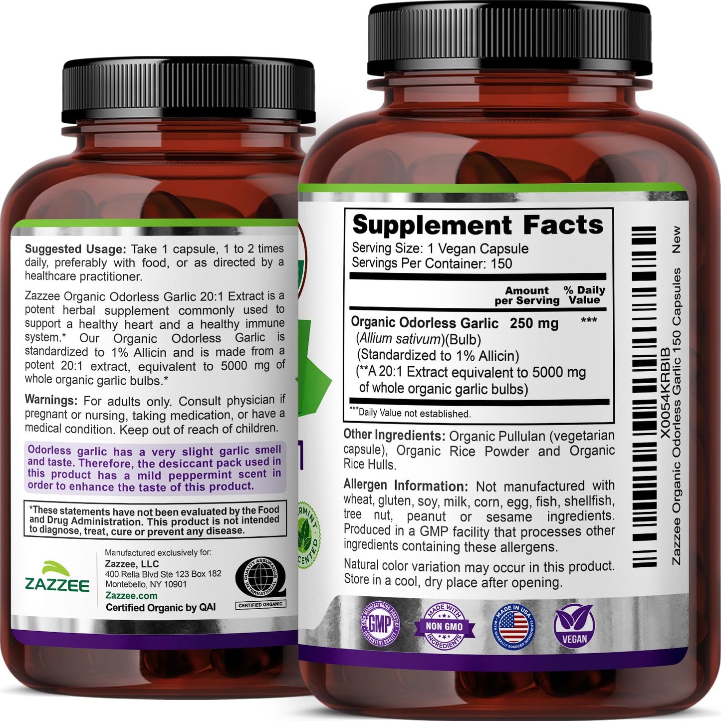 Zazzee USDA Organic Odorless Garlic 20:1 Extract, 1% Allicin, 100 Vegan Capsules, 3+ Month Supply, Allium Sativum, Immune, Circulation & Heart Health Support, All-Natural, Non-GMO, Made in the USA