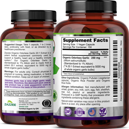 Zazzee USDA Organic Odorless Garlic 20:1 Extract, 1% Allicin, 100 Vegan Capsules, 3+ Month Supply, Allium Sativum, Immune, Circulation & Heart Health Support, All-Natural, Non-GMO, Made in the USA