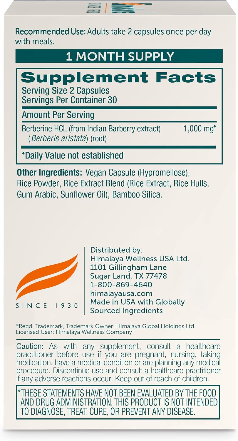 Himalaya Berberine Supplement, Berberine HCL 1000 mg per Serving, Herbal Supplement for Supporting Normal Metabolism, Immune, and Digestive Health - Vegan, Gluten Free, 60 Vegetarian Capsules
