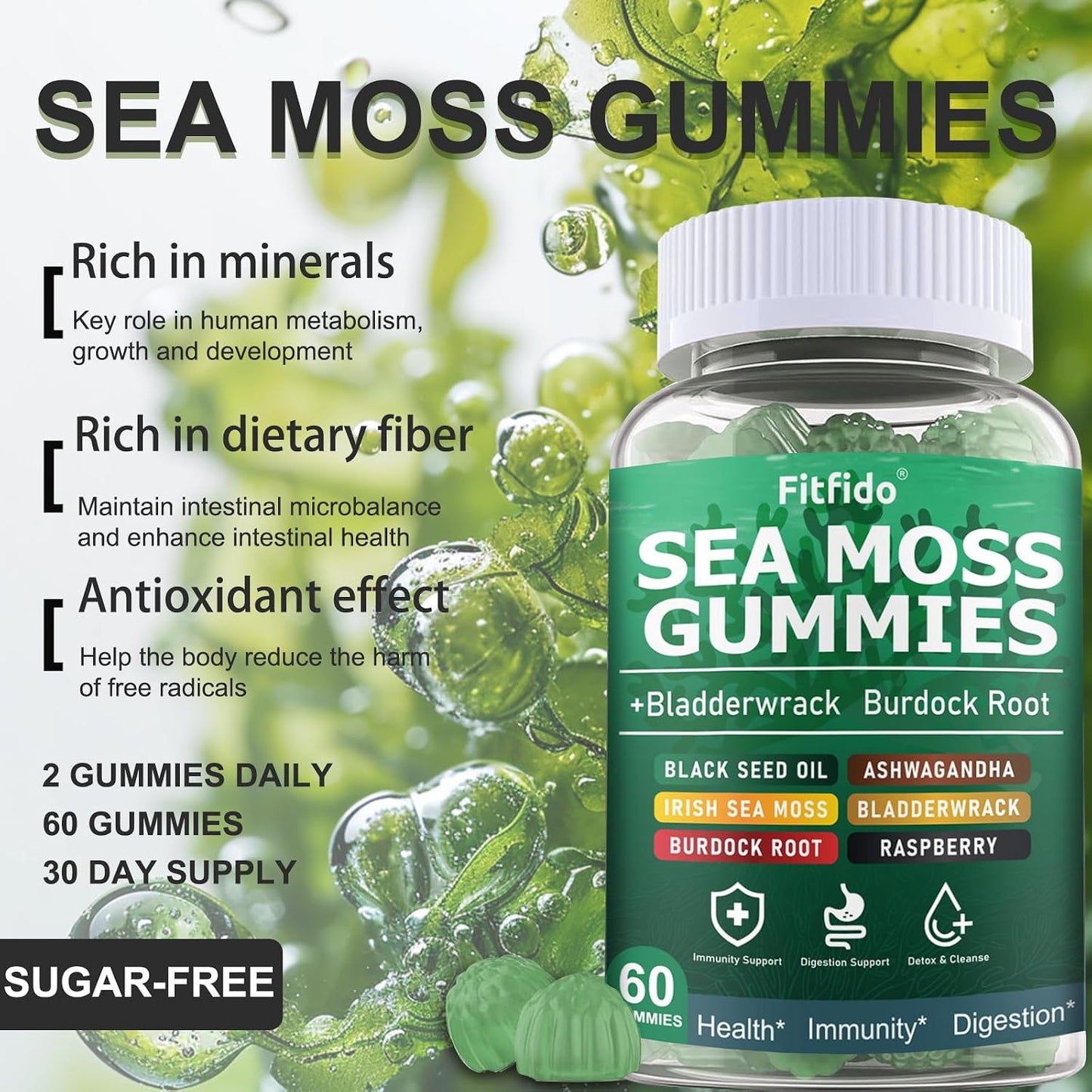Irish Sea Moss Gummies 3000mg with Bladderwrack, 60 Count | Daily Wellness, Mineral Support, Bladderwrack, Burdock Root, Manuka Honey, 105+ Trace Minerals, Sugar Free, Vegan