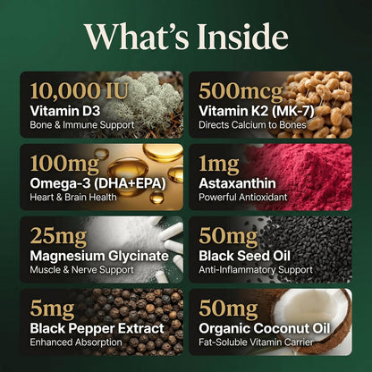 Vitamin D3 K2 10000 IU with 500mcg MK7 (MK-7) - Advanced Formula Vegan Softgels, Lichen Sourced D3, Omega 3 DHA EPA, Magnesium Glycinate, Astaxanthin, Black Seed, Coconut Oil, 180 Softgels