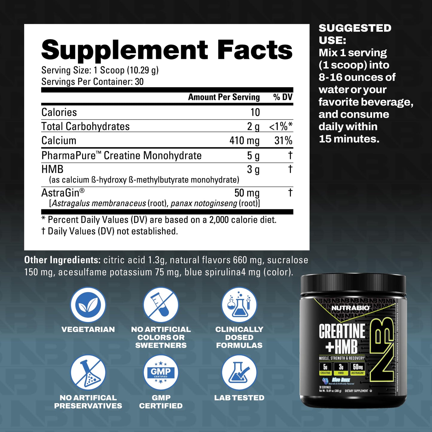 NutraBio Creatine + HMB- Creatine Monohydrate with HMB Powder for Muscle Growth, Increased Strength- 30 Servings (Unflavored)