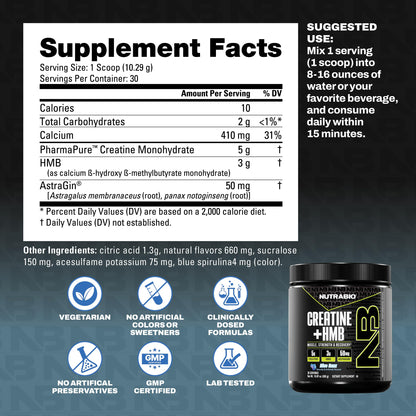 NutraBio Creatine + HMB- Creatine Monohydrate with HMB Powder for Muscle Growth, Increased Strength- 30 Servings (Unflavored)