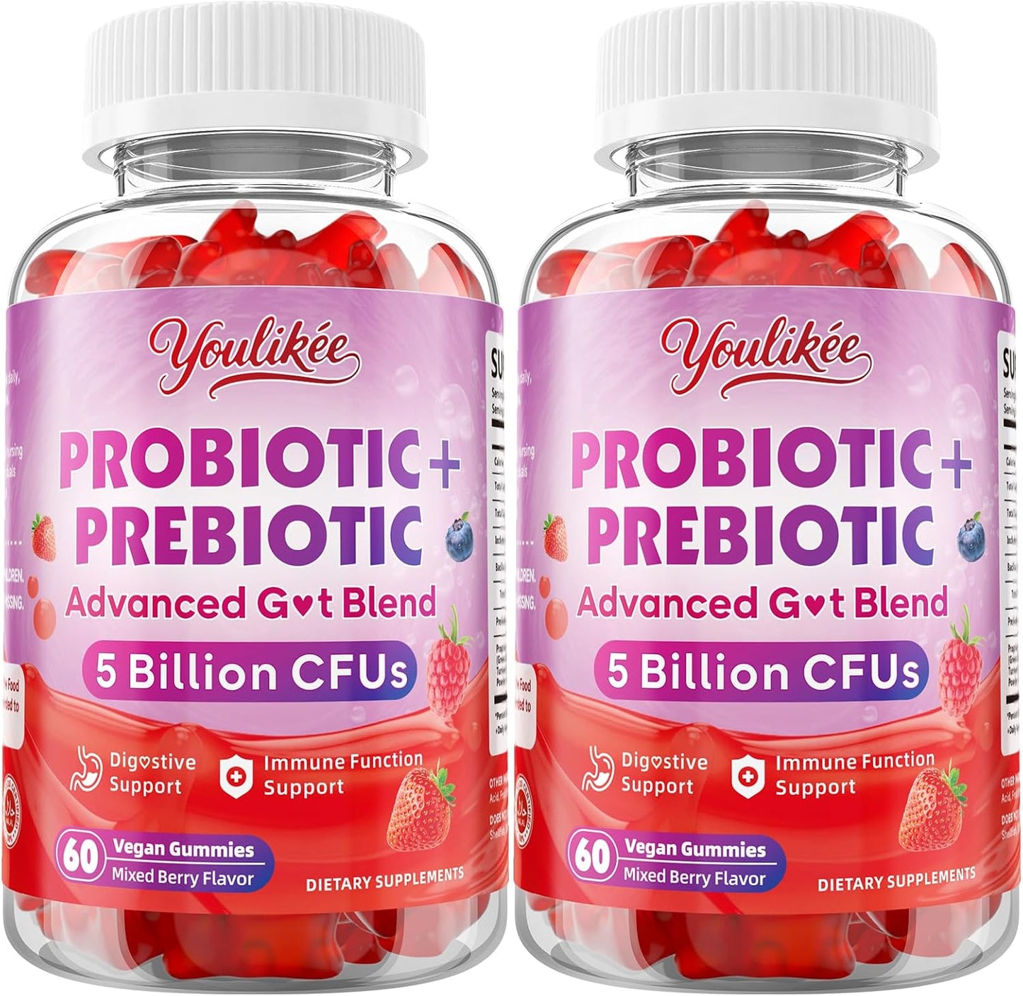 2 Pack Prebiotic + Probiotic Gummies, 5 Billion CFUs with Fibers | Probiotic Gummies for Gut Health Support, Vegan, Sugar-Free, 120 Count