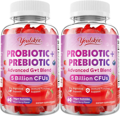 2 Pack Prebiotic + Probiotic Gummies, 5 Billion CFUs with Fibers | Probiotic Gummies for Gut Health Support, Vegan, Sugar-Free, 120 Count
