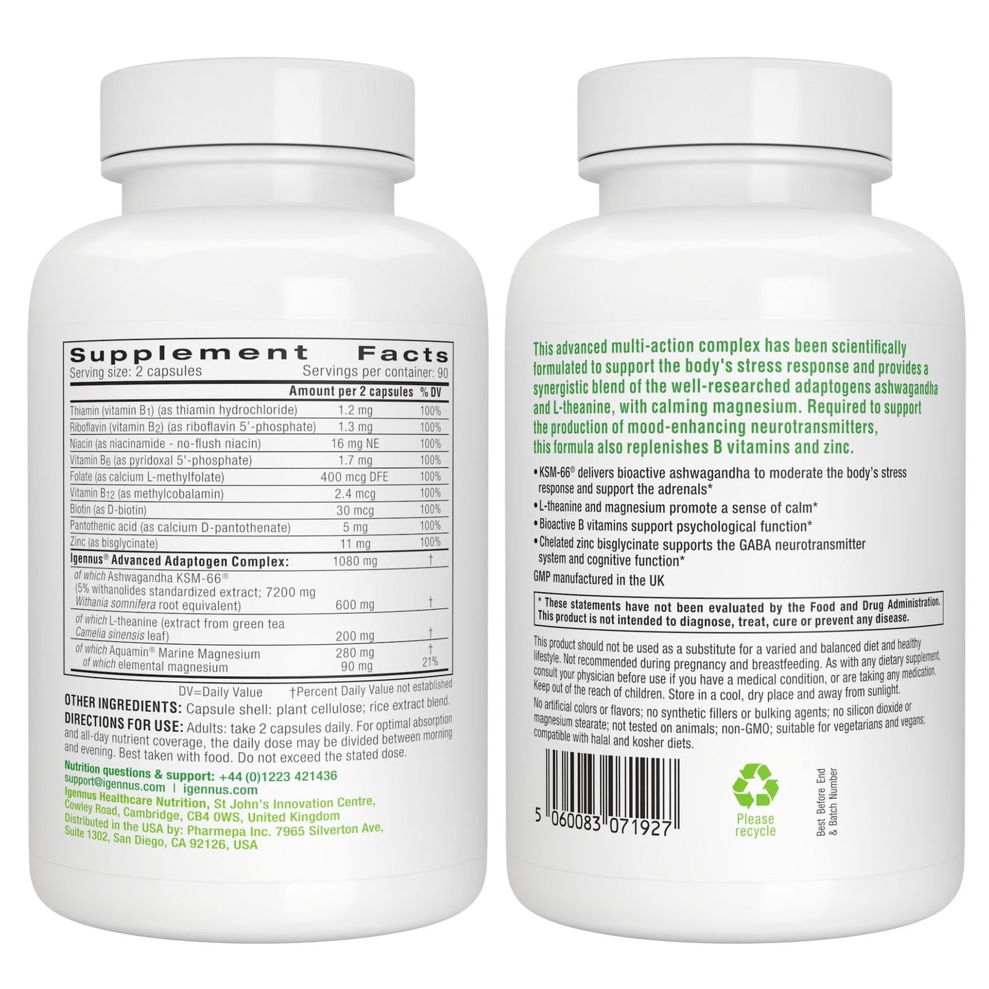 Igennus High Strength Ashwagandha KSM 66, Magnesium, & L-Theanine 3 in 1 Stress, Calm and Replenishment Complex, Clean Label, 60 Fast Acting Capsules | 3 in 1 Stress, Calm and Replenishment Complex, Clean Label, Fast Acting, 60 Capsules