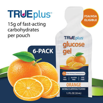 TRUEplus Glucose Gel Pouch, 15g Carbohydrates, Fruit Punch Flavor, 6 Pack | 15g Fast-Acting Carbohydrates Per Serving, Fat Free, Gluten Free, Boosts Energy, Great Tasting and Easy to Use