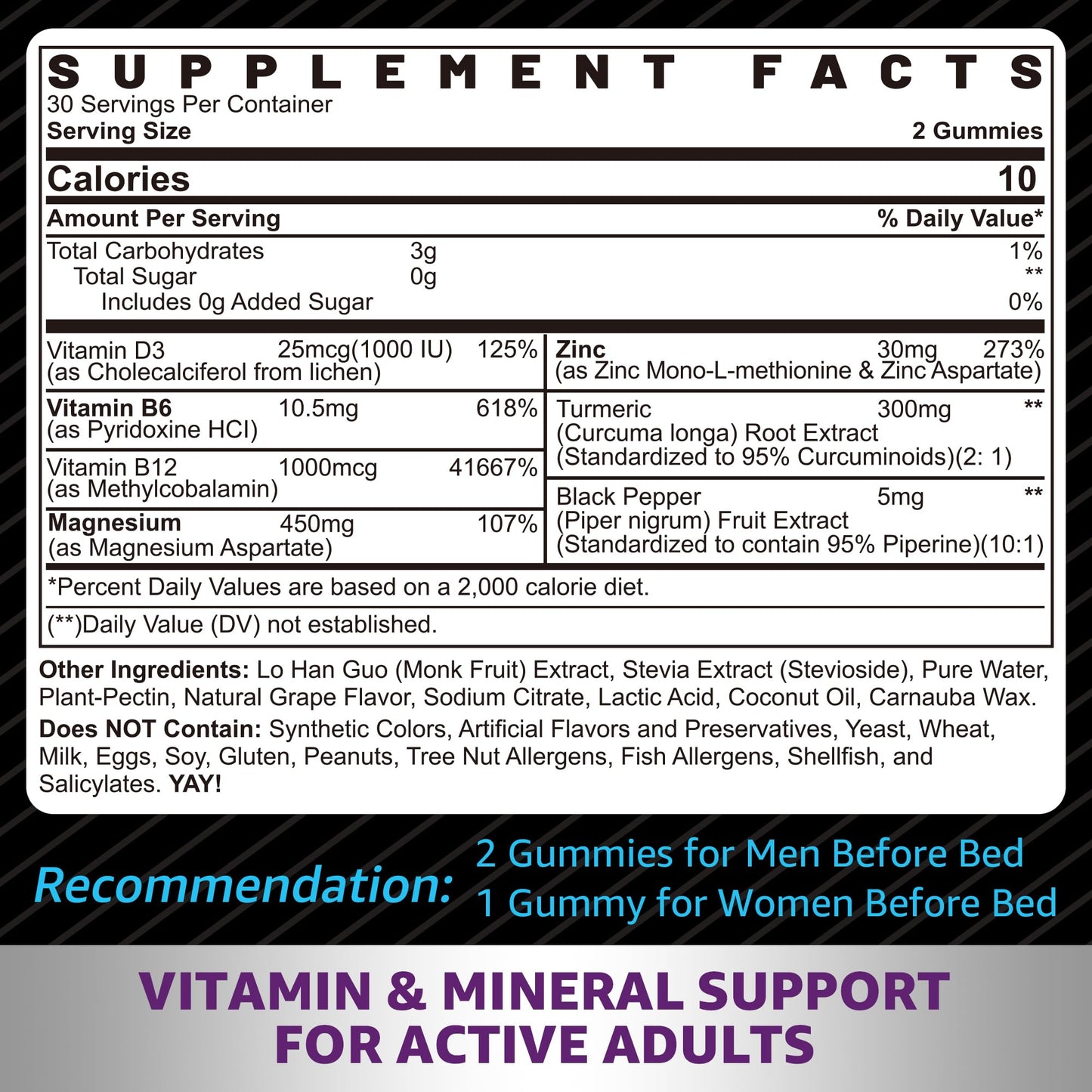 Zinc and Magnesium Supplement, Zinc Magnesium Aspartate Post Workout Gummies for Men Women, with Vitamin B6, B12, D3, Turmeric for Nighttime Recovery, Reduce Fatigue, Boost Immunity & Sleep, 120 Count