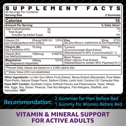 Zinc and Magnesium Supplement, Zinc Magnesium Aspartate Post Workout Gummies for Men Women, with Vitamin B6, B12, D3, Turmeric for Nighttime Recovery, Reduce Fatigue, Boost Immunity & Sleep, 120 Count