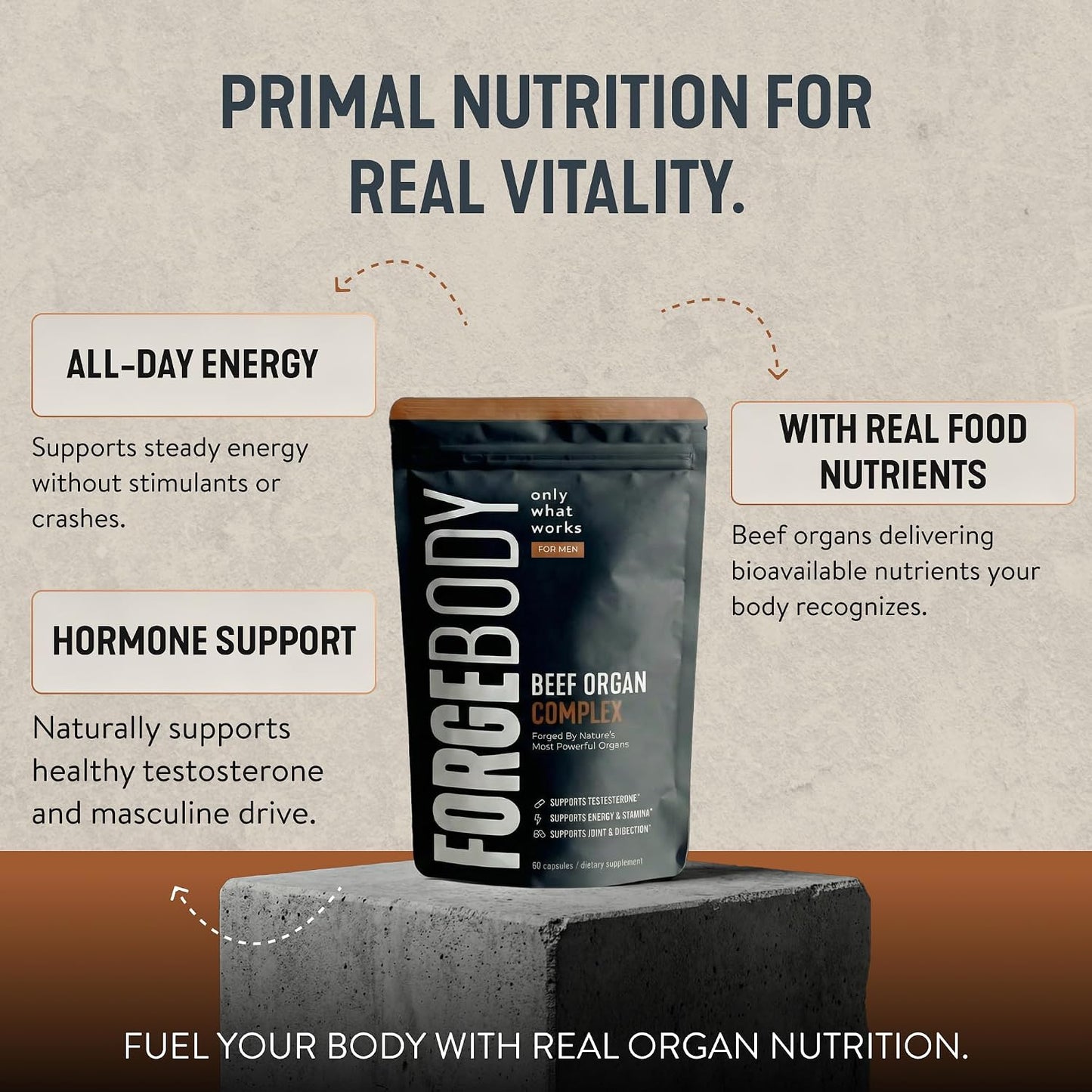 Forgebody Beef Liver & Organ Complex, Grass-Fed 5-Organ Supplement, 1 Month | Grass-fed beef liver, heart, bone marrow, pancreas, testicles, freeze-dried, non-GMO, ancestral nose-to-tail nutrition