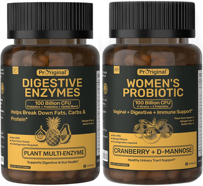 Women’s Probiotic & Digestive Enzymes Bundle – 100 Billion CFU Probiotic with Prebiotics, Cranberry & D-Mannose + Multi-Enzyme Complex – Supports Women’s Digestive, Gut, Vaginal & Urinary Health – Veg