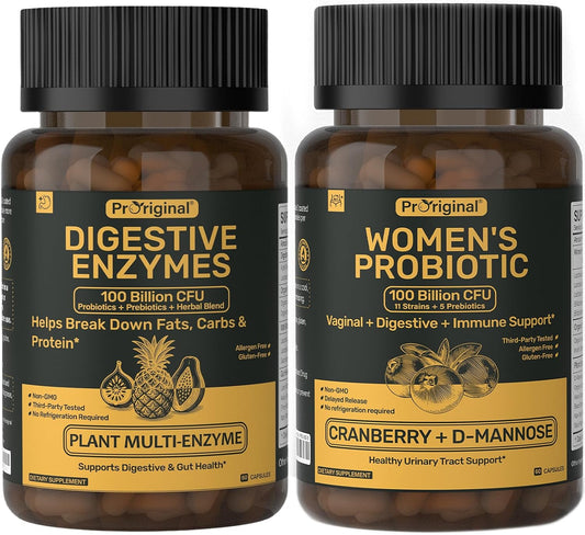 Women’s Probiotic & Digestive Enzymes Bundle – 100 Billion CFU Probiotic with Prebiotics, Cranberry & D-Mannose + Multi-Enzyme Complex – Supports Women’s Digestive, Gut, Vaginal & Urinary Health – Veg