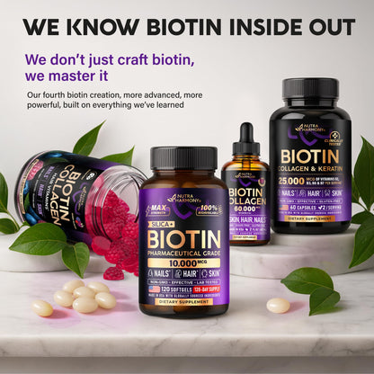 Liquid Biotin & Collagen 60,000 mcg - Vitamins for Hair Growth Support - Extra Strength Drops for Women & Men - Liquid Collagen Supplement - Strong Nails & Healthy Skin - Raspberry Flavor, 2 Fl Oz