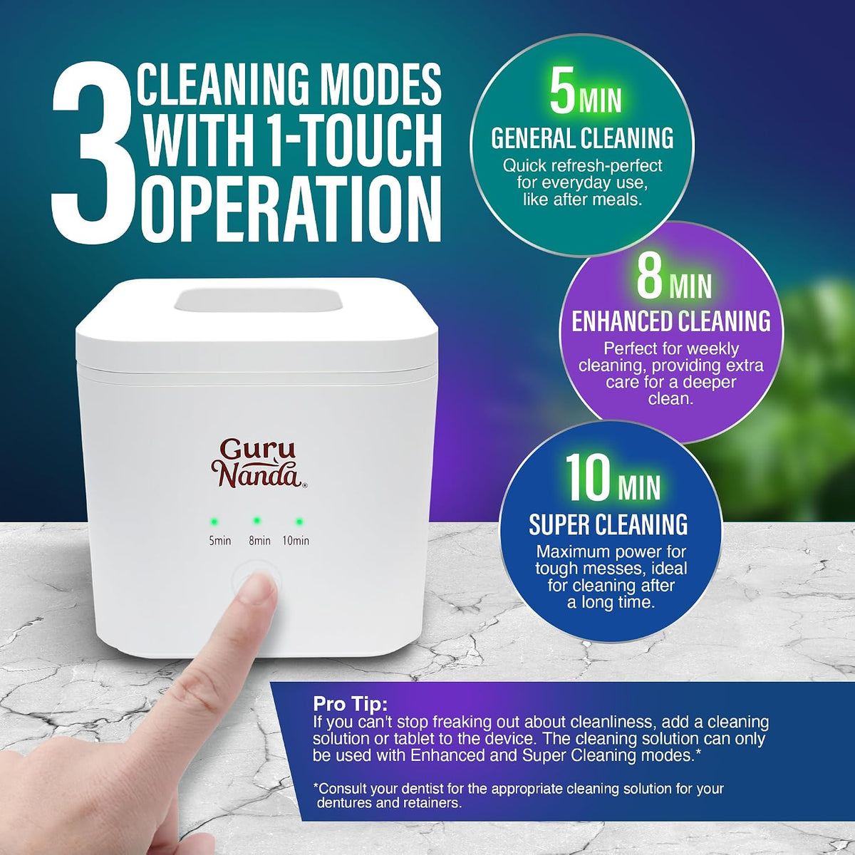 Ultrasonic Retainer Cleaner Machine, 48kHz, Dental Pod with 3 Modes, 200ml