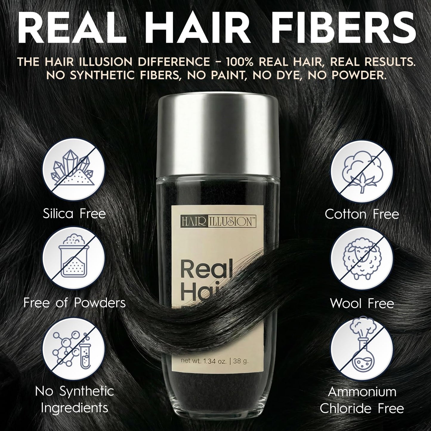 Hair Illusion Black Real Hair Fibers for Thinning Hair - 100% Natural Texture, Non Synthetic Hair Fibers - Bald Spot Cover Up for Women & Men - 38 Gram