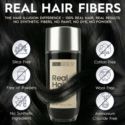 Hair Illusion Black Real Hair Fibers for Thinning Hair - 100% Natural Texture, Non Synthetic Hair Fibers - Bald Spot Cover Up for Women & Men - 38 Gram