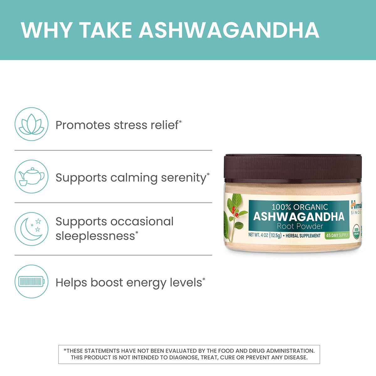 Himalaya USDA Organic Ashwagandha Root, 670 mg, 60 Day Supply, 60 Caplets