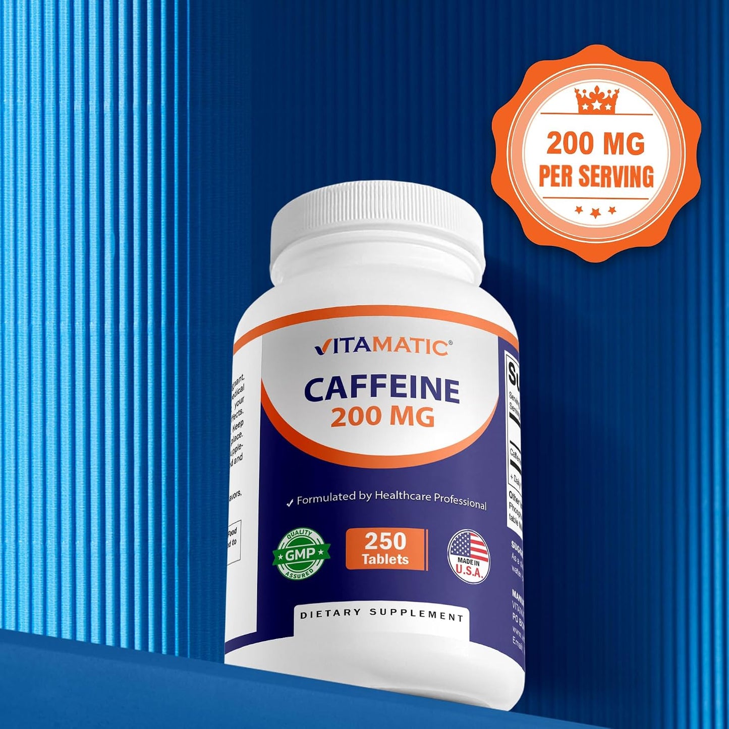 Vitamatic Caffeine Pills 200mg per Serving, 250 Vegetarian Tablets | Support Energy Support & Endurance Performance*, Non GMO, Gluten Free, Made in USA