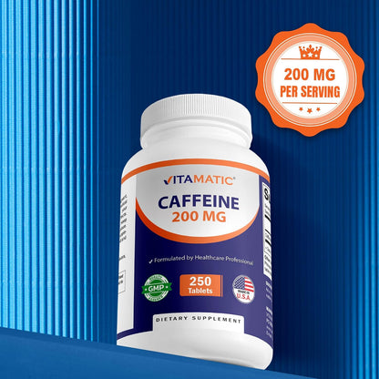 Vitamatic Caffeine Pills 200mg per Serving, 250 Vegetarian Tablets | Support Energy Support & Endurance Performance*, Non GMO, Gluten Free, Made in USA