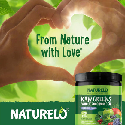 NATURELO Raw Greens Superfood Powder 480 Grams, Mixed Berry - Supports Energy, Immunity and Detox - Includes Spirulina, Wheat Grass and Organic Greens for Whole Food Nutrition