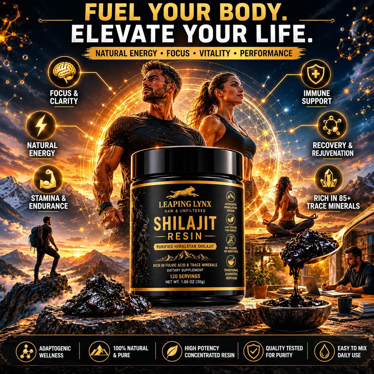 Resina Shilajit del Himalaya de 1,000 mg – 85+ oligominerales, ácido fúlvico orgánico de grado dorado | Cosechado alpino, secado al sol y purificado en laboratorio | Energía, vitalidad, apoyo inmunológico y cardiovascular | Sin OMG