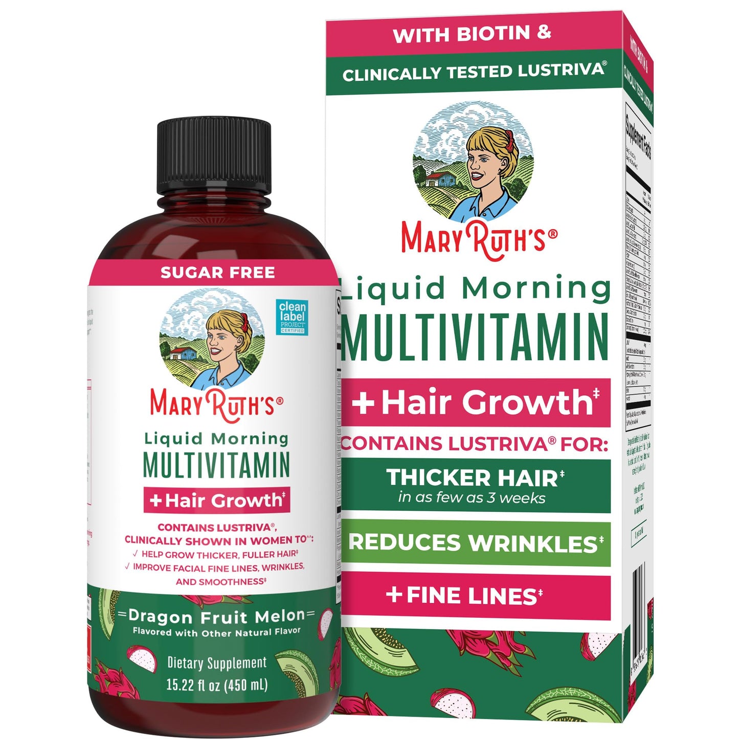 MARYRUTH'S Liquid Multivitamin + Hair Growth | Clinically Tested in Women for Thicker Hair & Facial Wrinkles | Biotin 10000mcg | Lustriva Hair Growth Supplements | Skin Care | Ages 18+ | 15.22 Fl Oz