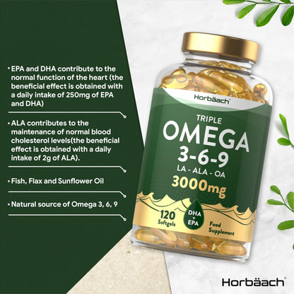 Omega 3 6 9 Capsules High Strength | 3000mg | 120 Softgels | Triple Omega 369