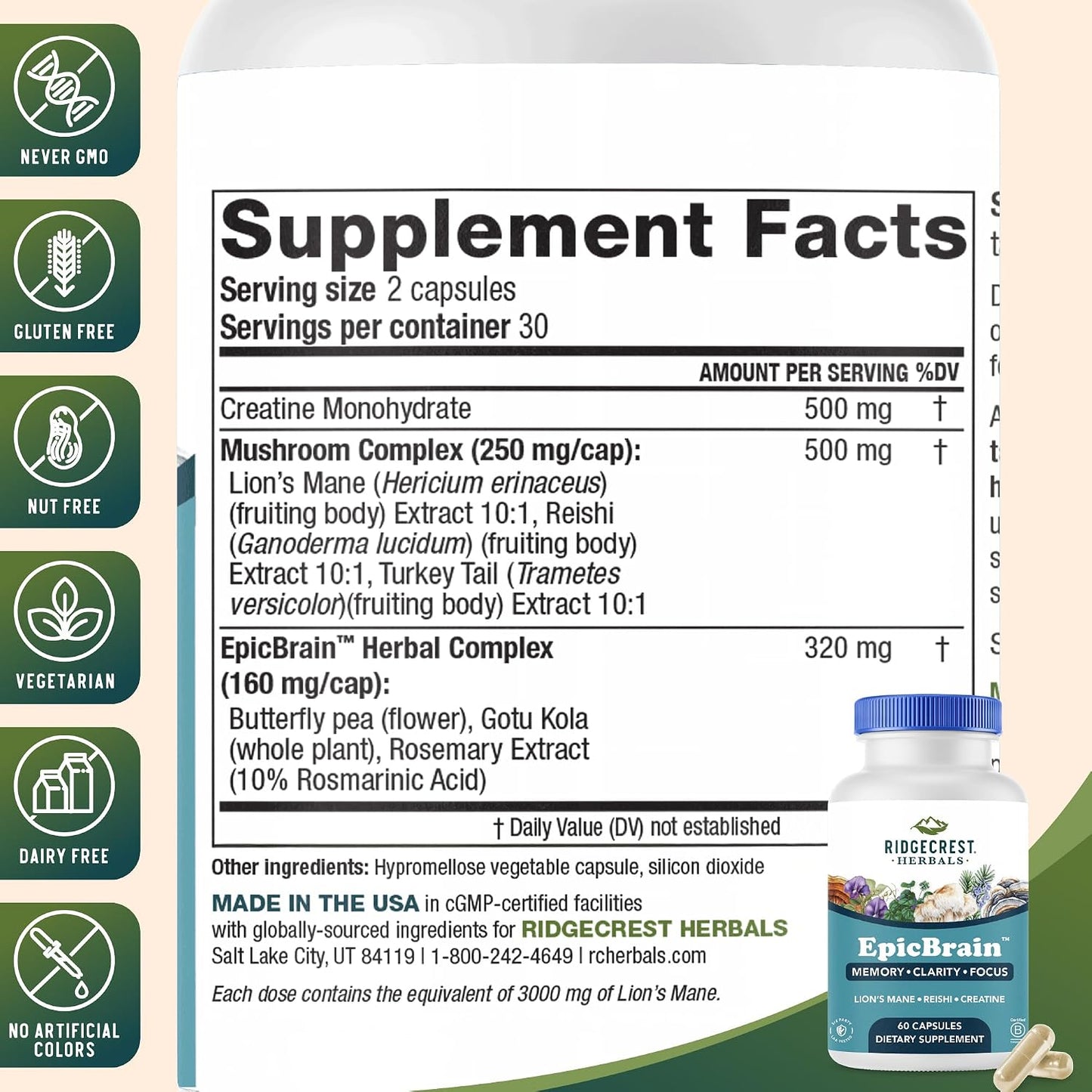RidgeCrest Herbals EpicBrain Nootropic Memory and Focus Support 60 Ct | 30 Servings, Creatine Monohydrate, Lions Mane, Reishi, Stimulant Free, Mental Clarity and Cognitive Health Formula