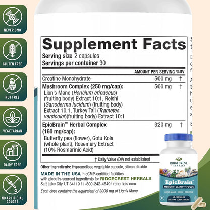 RidgeCrest Herbals EpicBrain Nootropic Memory and Focus Support 60 Ct | 30 Servings, Creatine Monohydrate, Lions Mane, Reishi, Stimulant Free, Mental Clarity and Cognitive Health Formula