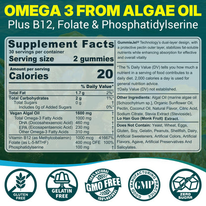 Vegan Omega-3 Gummies for Adults, Fish Oil Alternative from Algae Oil, Plant Based DHA 460mg & EPA 230mg Plus MethylFolate, Vitamin B12, Phosphatidylserine, No Fishy Taste, Vegan, Sugar Free, 60 Cts