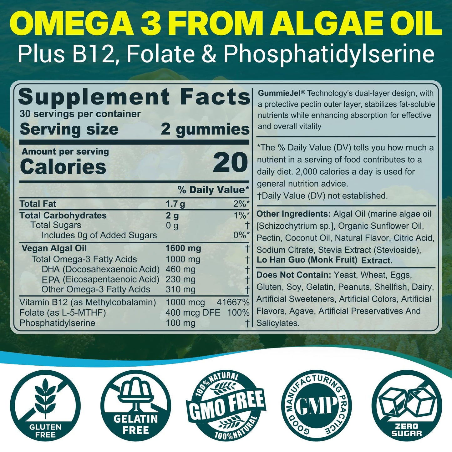 Vegan Omega-3 Gummies for Adults, Fish Oil Alternative from Algae Oil, Plant Based DHA 460mg & EPA 230mg Plus MethylFolate, Vitamin B12, Phosphatidylserine, No Fishy Taste, Vegan, Sugar Free, 60 Cts