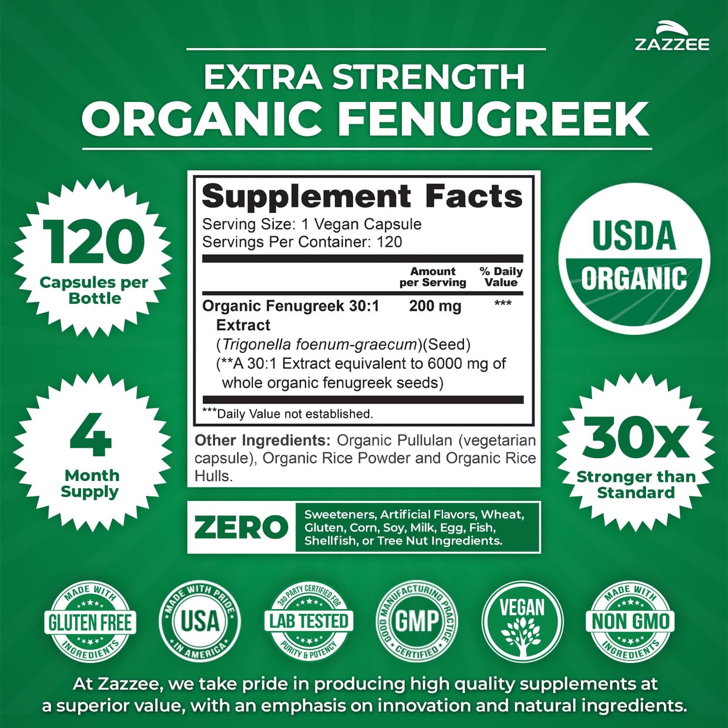 Zazzee USDA Organic Fenugreek 30:1 Extract, 120 Vegan Capsules, 4 Month Supply, Breastfeeding & Lactation Support for Nursing Mothers, Organic Herbal Supplement, All-Natural, Non-GMO, Made in the USA