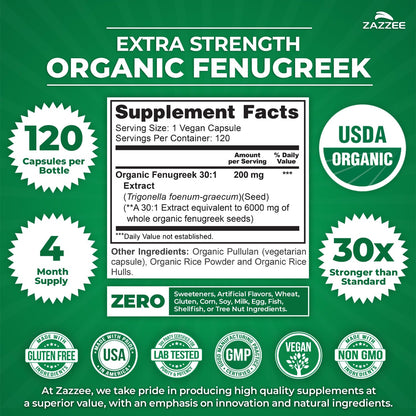 Zazzee USDA Organic Fenugreek 30:1 Extract, 120 Vegan Capsules, 4 Month Supply, Breastfeeding & Lactation Support for Nursing Mothers, Organic Herbal Supplement, All-Natural, Non-GMO, Made in the USA