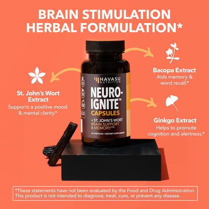 NeuroIGNITE Nootropic Brain Supplement for Memory and Focus, 30 Count | Vegan, Non-GMO Nootropic with Bacopa, Ginkgo Biloba, St. John's Wort for Cognitive Health and Mental Clarity, 30 Servings