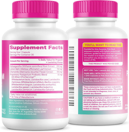 Pink Stork Probiotics for Postnatal Women - 30 Billion CFUS with Ashwagandha and Chamomile, Postpartum Essentials for Hormone Balance, Mood Support, Gut Health, Digestive Wellness, 30 Capsules