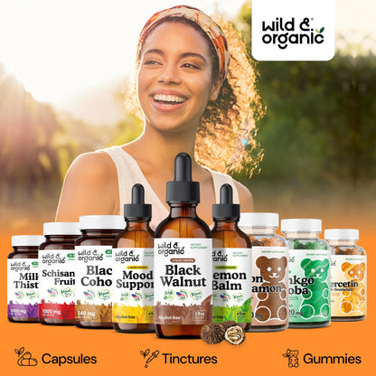 Wild & Organic Black Walnut Hull Tincture - Cleanse & Gut Support - Black Walnut Extract Supplement - Fast Absorption Liquid Drops - Add to Tea & Mix with Powder - Without Alcohol & Sugar - 4 fl oz