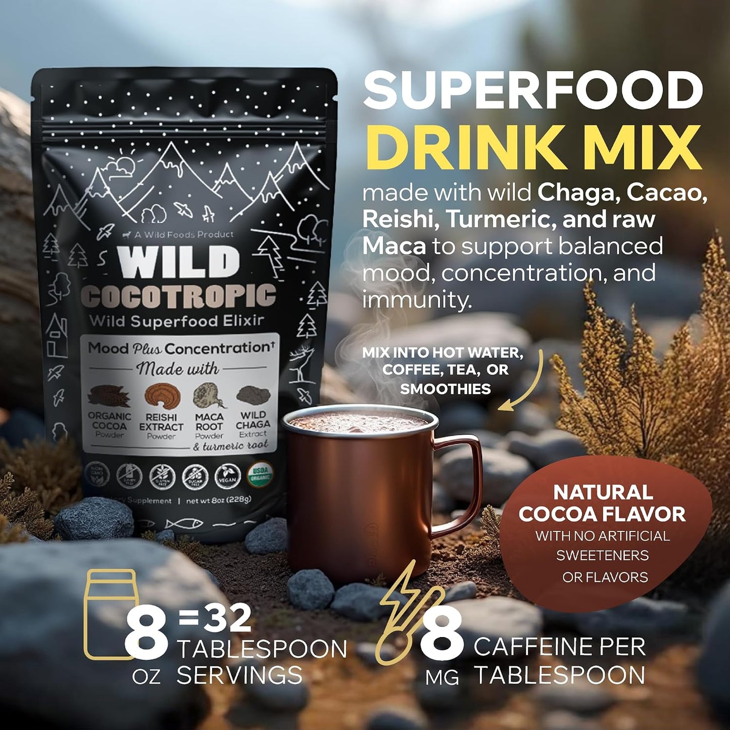 Cocotropic Organic Mushroom Cacao Mix (16oz) & Collagen Peptides (16oz) Bundle for Skin, Hair, and Joint Support