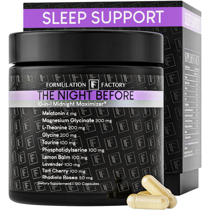 Formulation Factory The Night Before Magnesium Glycinate Sleep Aid, 10-in-1 Sleep Supplement with Melatonin 4mg, L-Theanine, Lemon Balm, Tart Cherry, Relaxation, Recovery, Sleep Support, 120 Capsules