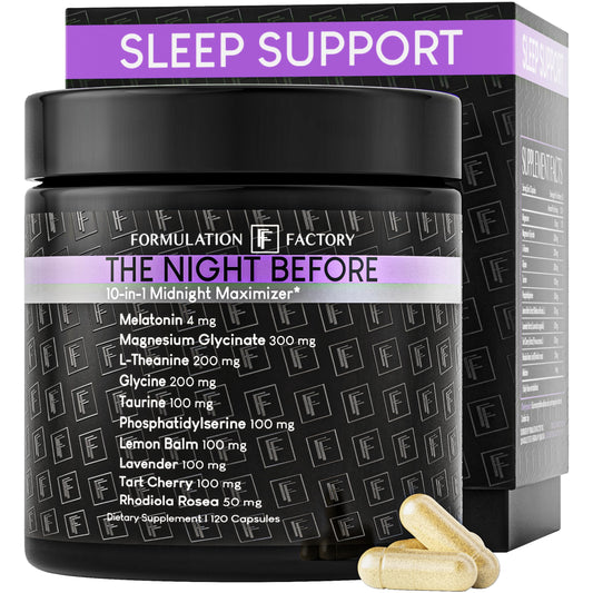 Formulation Factory The Night Before Magnesium Glycinate Sleep Aid, 10-in-1 Sleep Supplement with Melatonin 4mg, L-Theanine, Lemon Balm, Tart Cherry, Relaxation, Recovery, Sleep Support, 120 Capsules