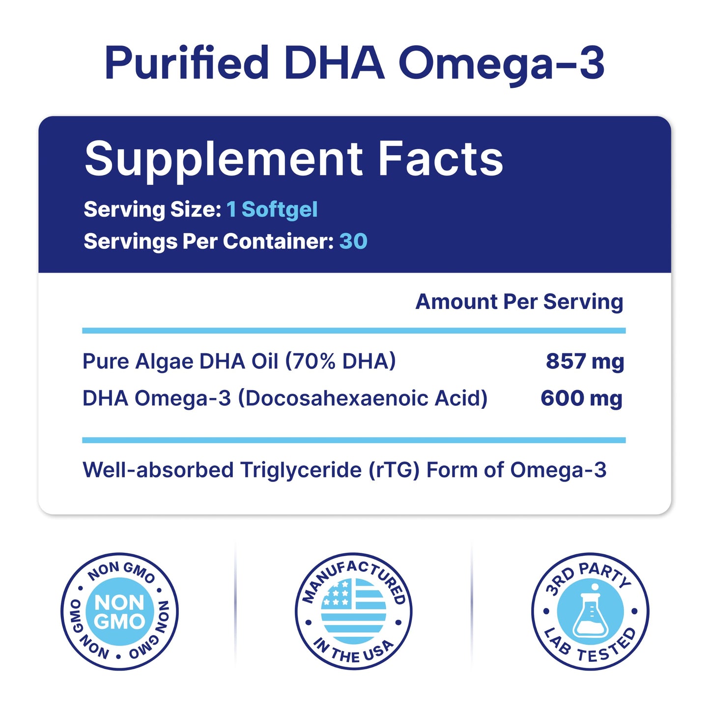 OmegaVia DHA 600 mg, Ultra Pure Omega-3 DHA Supplements for Brain and Eyes, DHA Prenatal Vitamins for Women, Burpless Fish Oil Omega 3, IFOS Tested, 120 Softgels