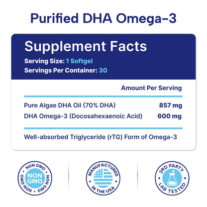OmegaVia DHA 600 mg, Ultra Pure Omega-3 DHA Supplements for Brain and Eyes, DHA Prenatal Vitamins for Women, Burpless Fish Oil Omega 3, IFOS Tested, 120 Softgels